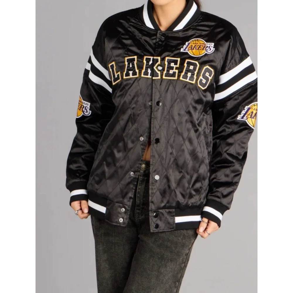 Ultra Game NBA Los Angeles Lakers Quilted Satin Bomber Jacket Black Mens‎ Medium